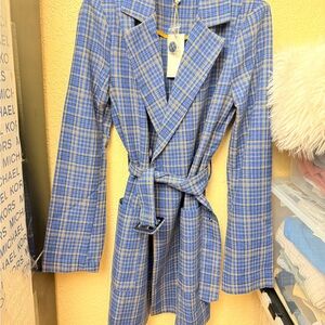 NWT Moon River Plaid Notch Lapel Belted Trench Coat